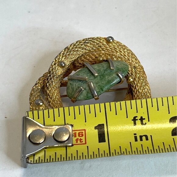 BSK Vintage Pin Textured Twisted Rope Knot Gold-Tone Brooch Green Stone Agate - Picture 6 of 9